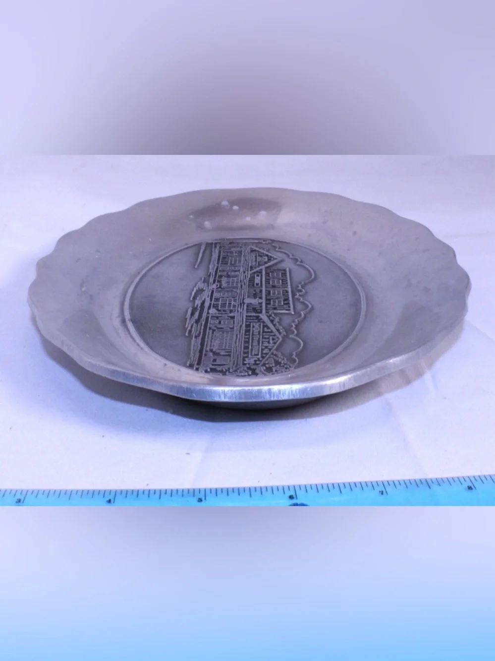 Vintage Pewter Oval Platter Old Town Hall Commemorative Embossed Serving Plate